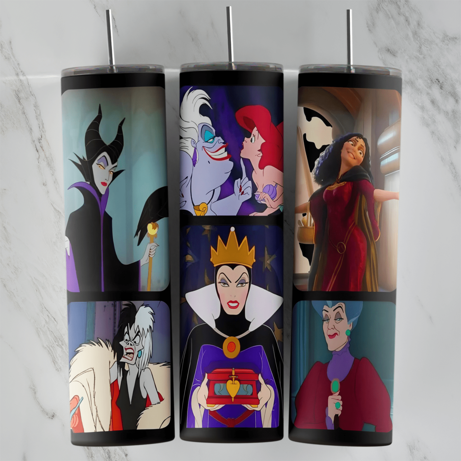 A 20 oz tumbler wrap in comic panels: Maleficent, Ursula with Ariel, the Evil Queen, Cruella, Mother Gothel and Lady Tremaine. Sublimation design