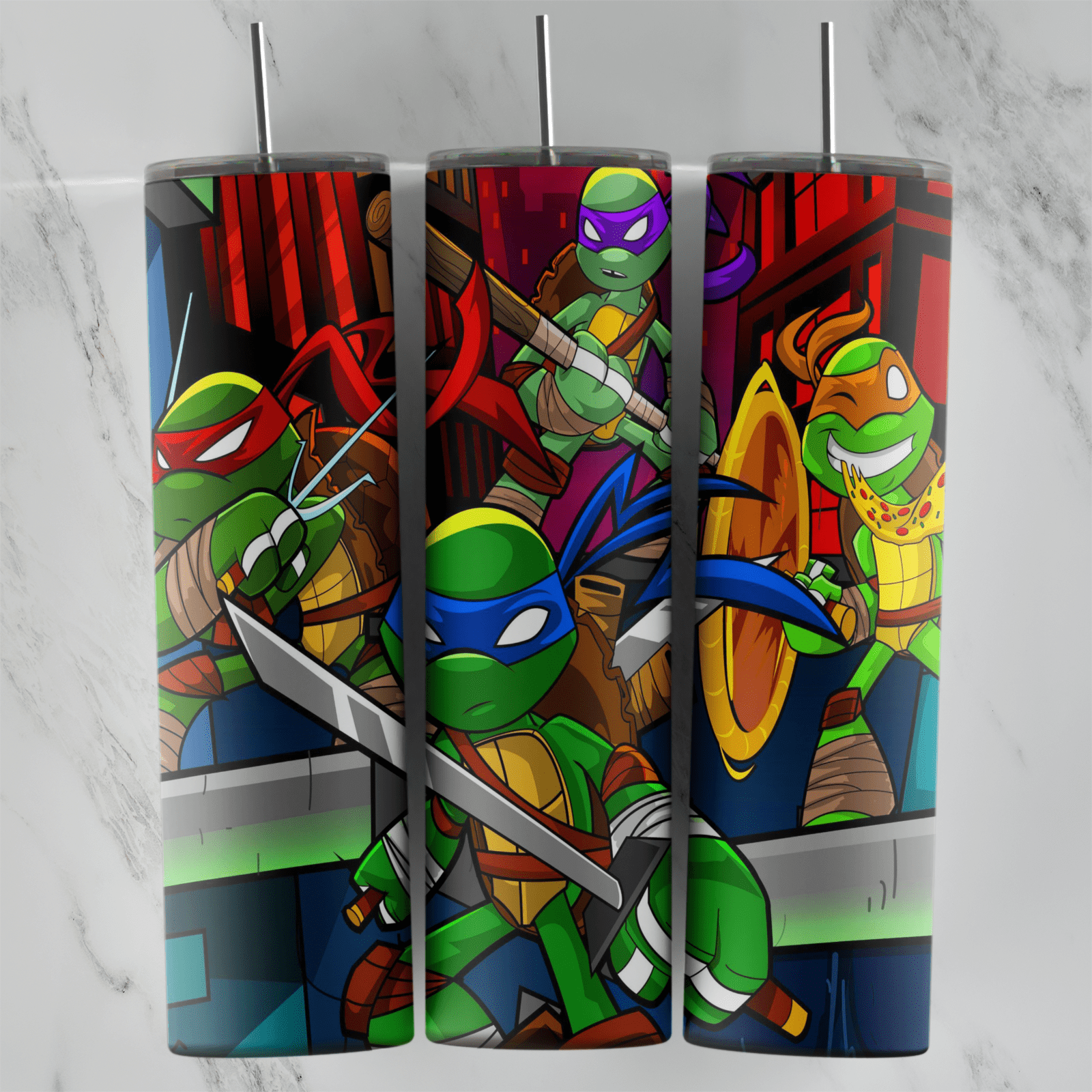 A 20 oz skinny tumbler wrap with the four ninja turtles fighting with swords and weapons in a red and green city scene drawn. Sublimation design