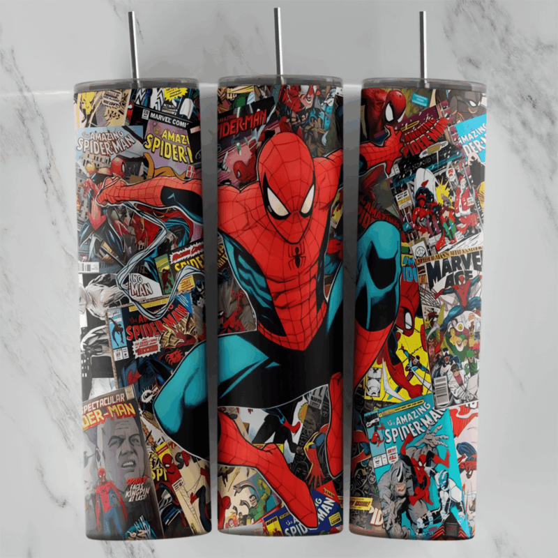 A 20 oz skinny tumbler wrap with Spider-Man swinging over a collage of vintage Marvel comic book covers and panels. Sublimation design
