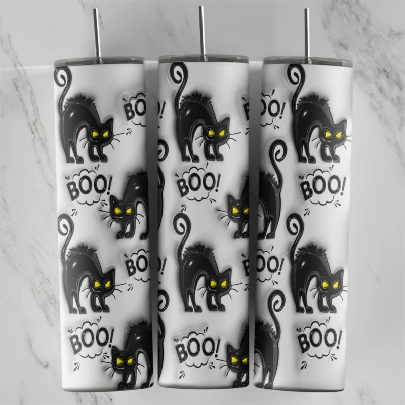A full 20 oz skinny tumbler wrap in puffy 3D style with a repeating pattern of arched black cats with yellow eyes and Boo speech. Sublimation design