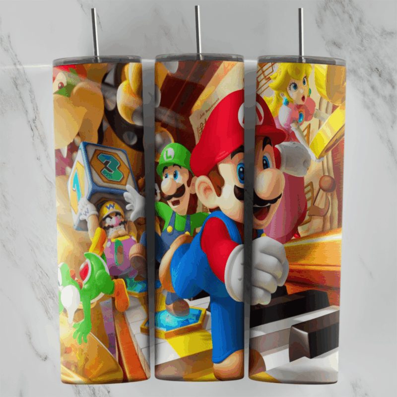 A 20 oz skinny tumbler wrap with a Mario Party style scene: Mario and Luigi running, Wario with a dice block, Yoshi, Bowser. Sublimation design