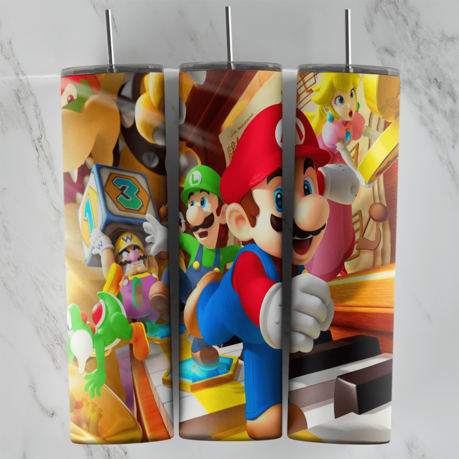 A 20 oz skinny tumbler wrap with a Mario Party style scene: Mario and Luigi running, Wario with a dice block, Yoshi, Bowser. Sublimation design