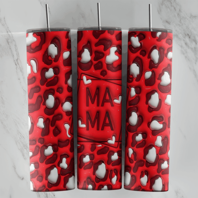 A full 20 oz skinny tumbler wrap in puffy 3D inflated style: a red leopard print with white and dark spots and an embossed Mama. Sublimation design