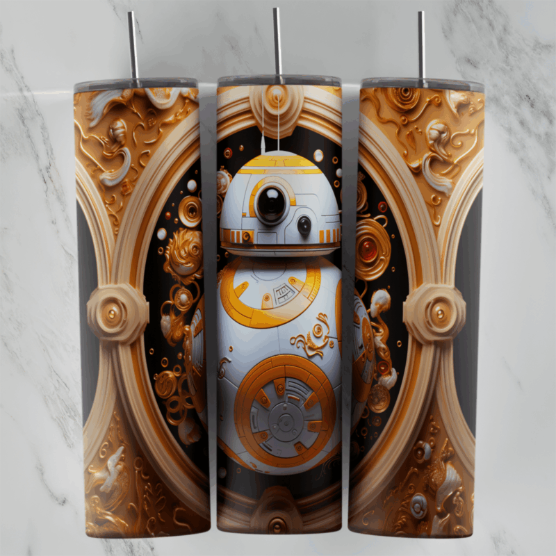 A carved 3D style Star Wars tumbler wrap with BB-8 inside an oval gold frame, with gears and ornaments on a dark background. Sublimation design