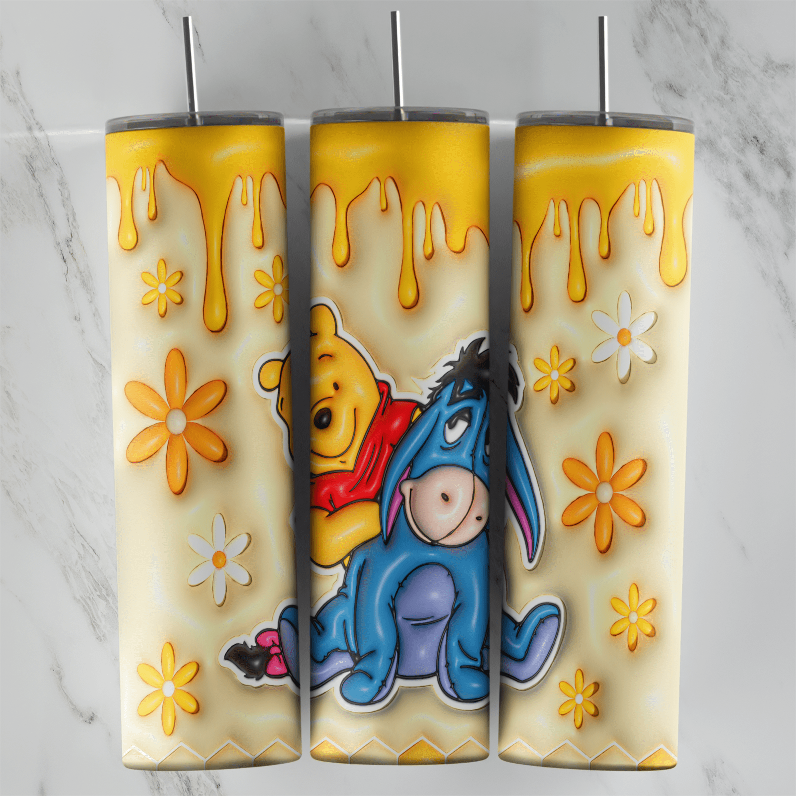 A full 20 oz skinny tumbler wrap in a 3D inflated style: Pooh and Eeyore sitting together, with dripping honey, daisies. Sublimation design