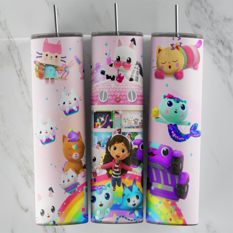 A pink 20 oz tumbler wrap with the dollhouse, Gabby on a rainbow and Gabby’s Dollhouse cats, including the purple car cat. Sublimation design