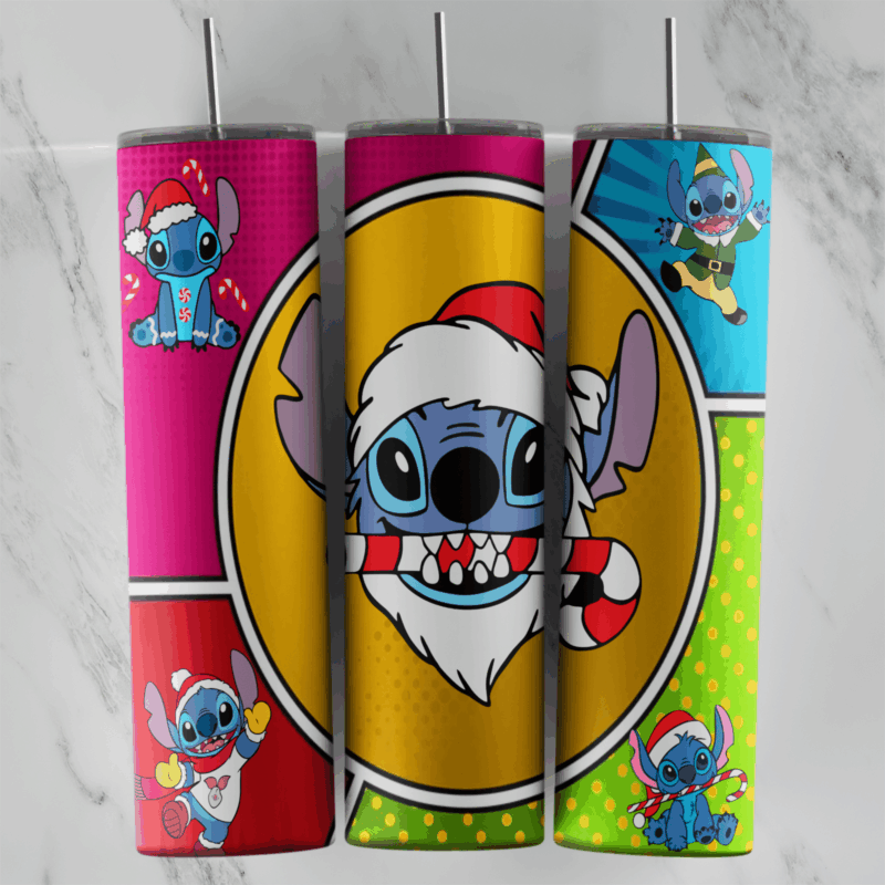 A 20 oz skinny tumbler wrap with Stitch wearing a Santa hat and white beard with a candy cane in his mouth inside a yellow. Sublimation design