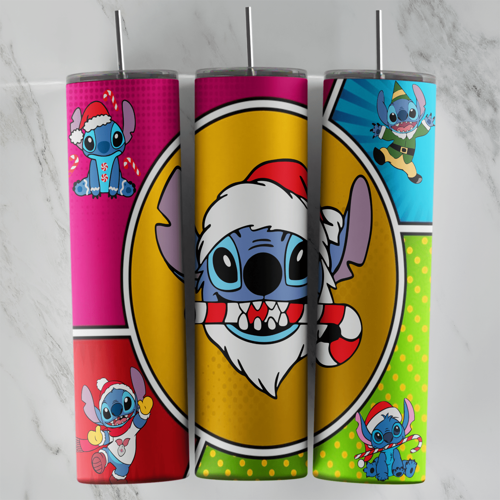 20 Oz Lilo and Stitch Santa Beard Candy Cane Tumbler Cup Design