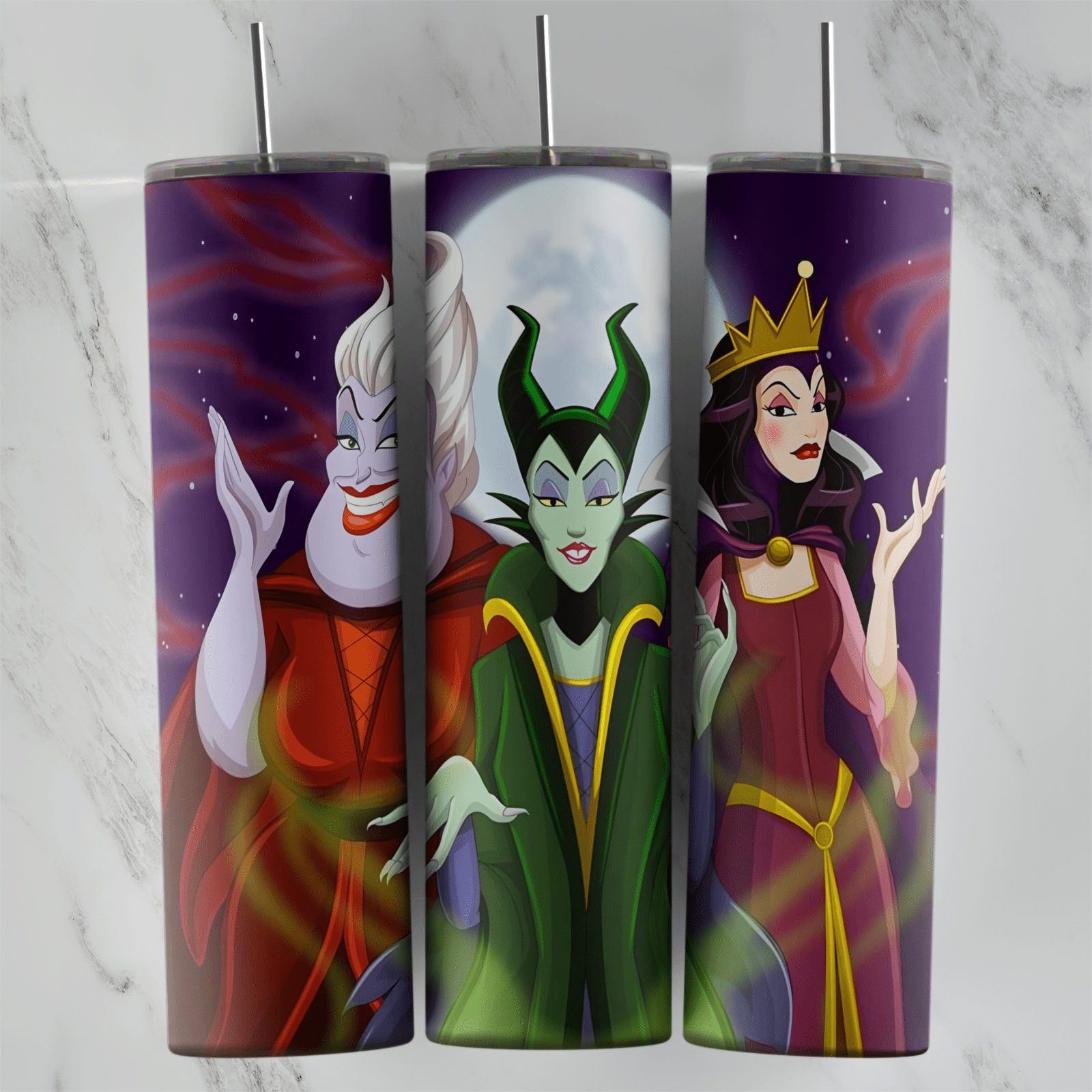 A purple 20 oz tumbler wrap with Ursula, Maleficent in green and the Evil Queen in red standing together under a full moon. Sublimation design