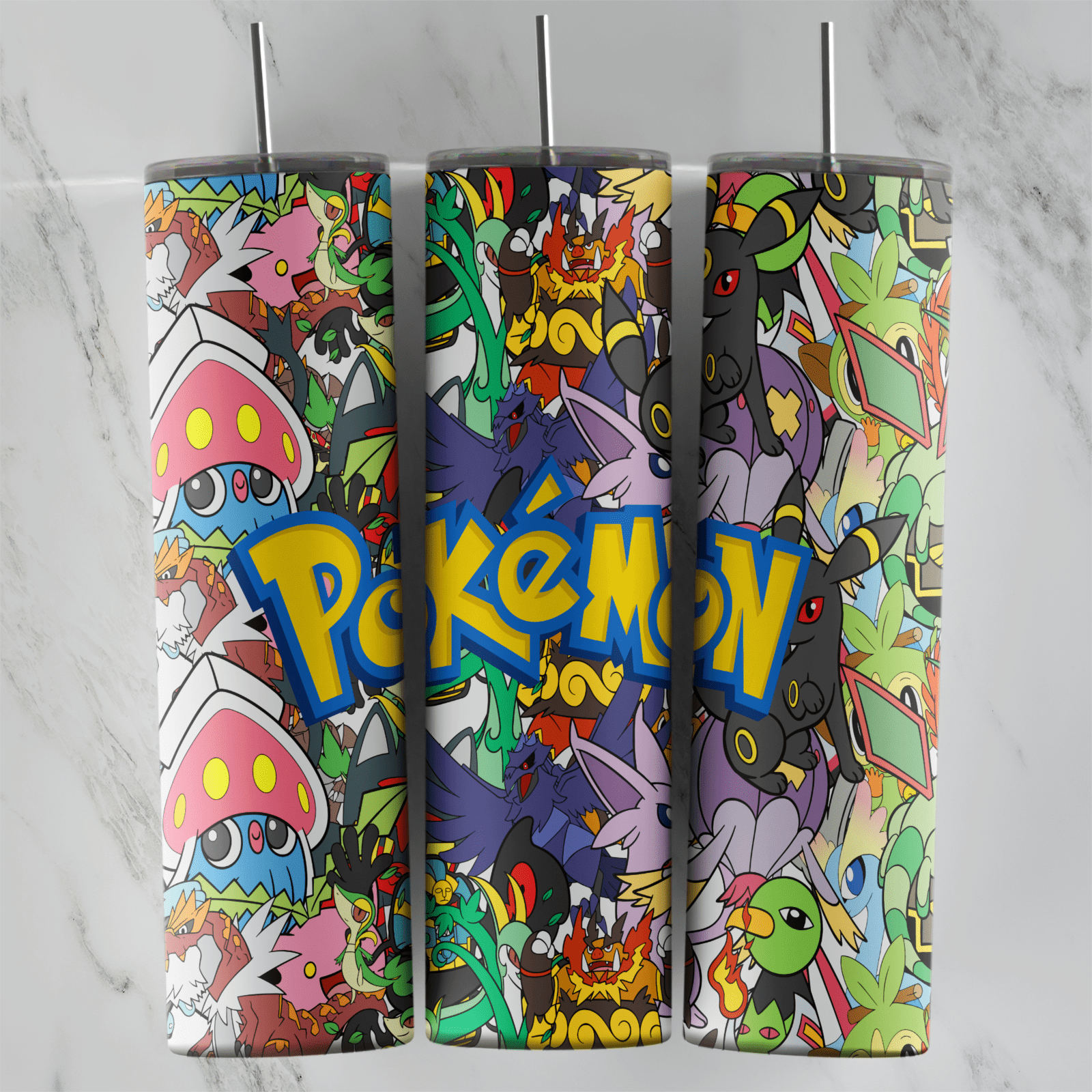 A 20 oz skinny tumbler wrap with the Pokemon logo over a dense sticker style collage of Umbreon, Espeon, Natu, Inkay and many. Sublimation design