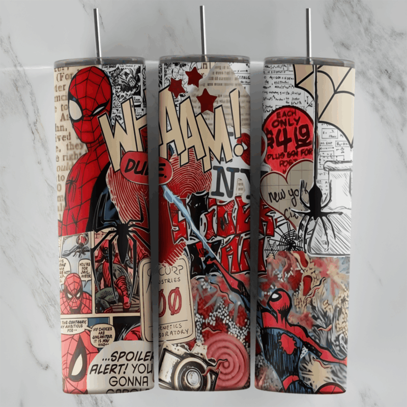 A 20 oz skinny tumbler wrap in red, black and cream comic collage: Spider-Man, a black spider, Wham sound effects, stars, torn. Sublimation design