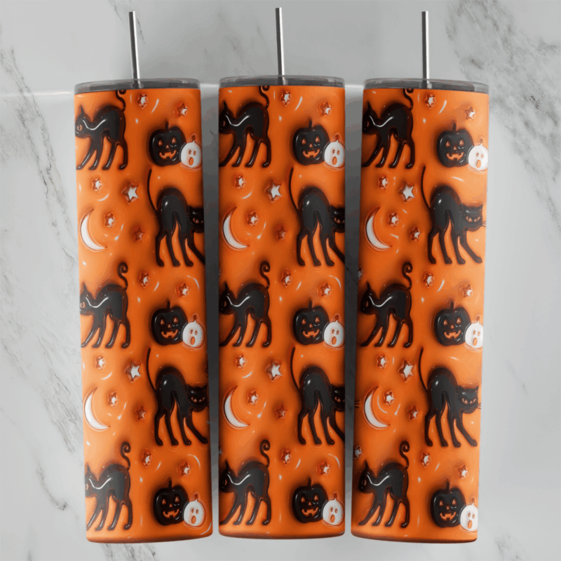 A full 20 oz skinny tumbler wrap in puffy 3D style with black cats, small jack o lanterns, crescent moons and dots repeated. Sublimation design