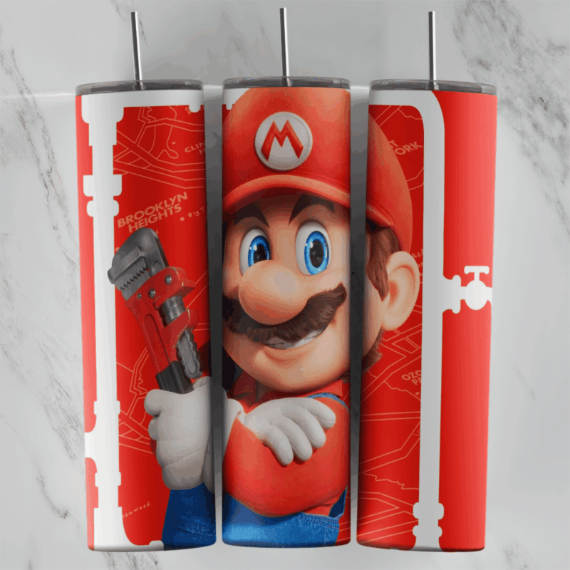 A 20 oz skinny tumbler wrap with movie style Mario holding a pipe wrench with his arms crossed on red, framed by white pipes. Sublimation design