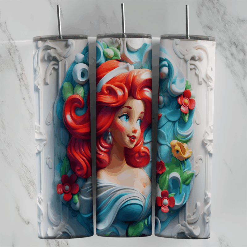 A full 20 oz skinny tumbler wrap in puffy 3D style with Ariel in a blue dress inside a white ornate frame, with red flowers. Sublimation design