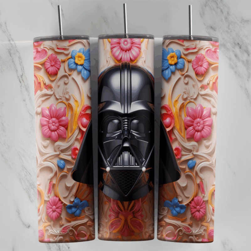A carved 3D style Star Wars tumbler wrap with a glossy black Darth Vader helmet over cream scrollwork and pink and blue flowers. Sublimation design