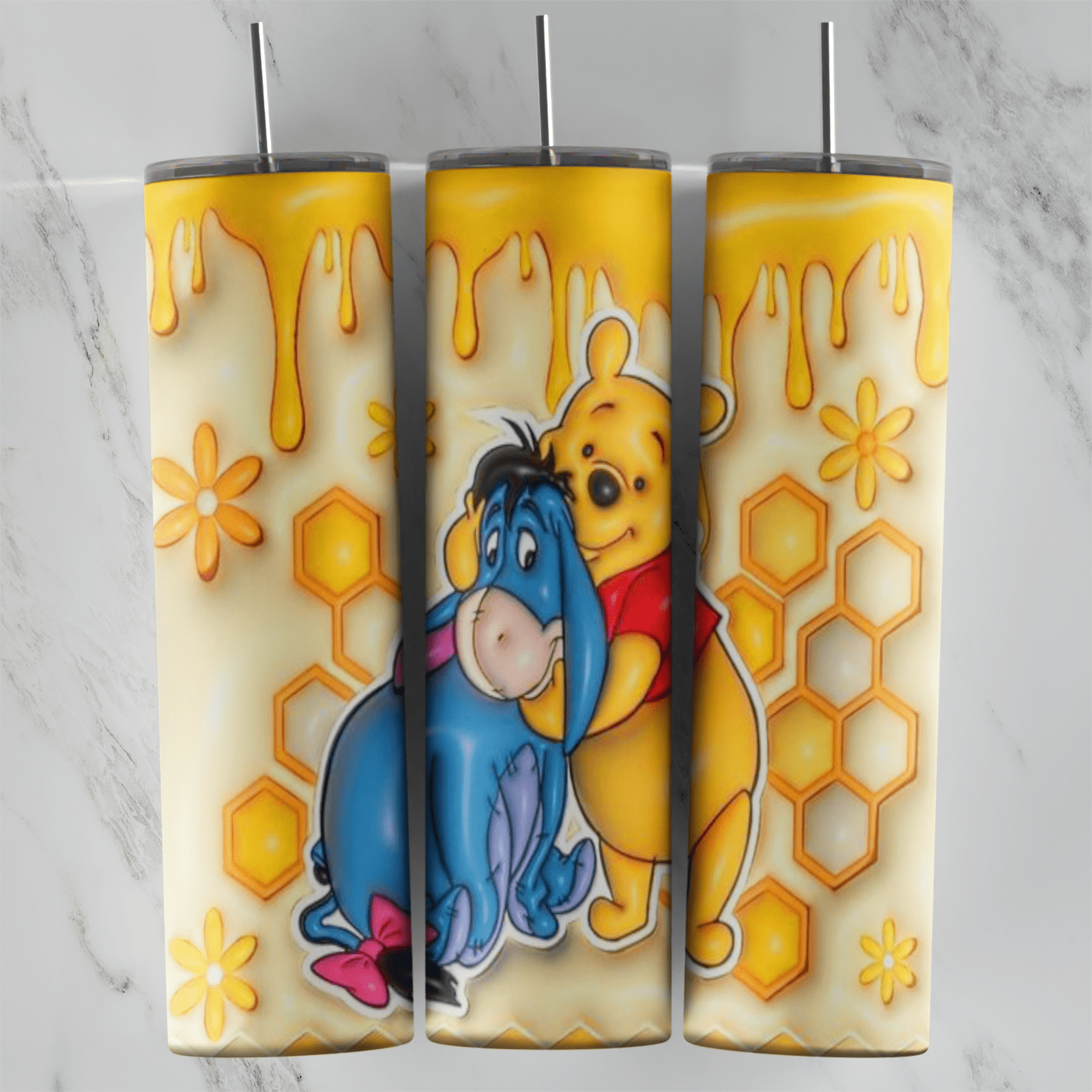 A full 20 oz skinny tumbler wrap in a 3D inflated style: Pooh hugging Eeyore, with honeycomb cells, flowers and dripping honey. Sublimation design