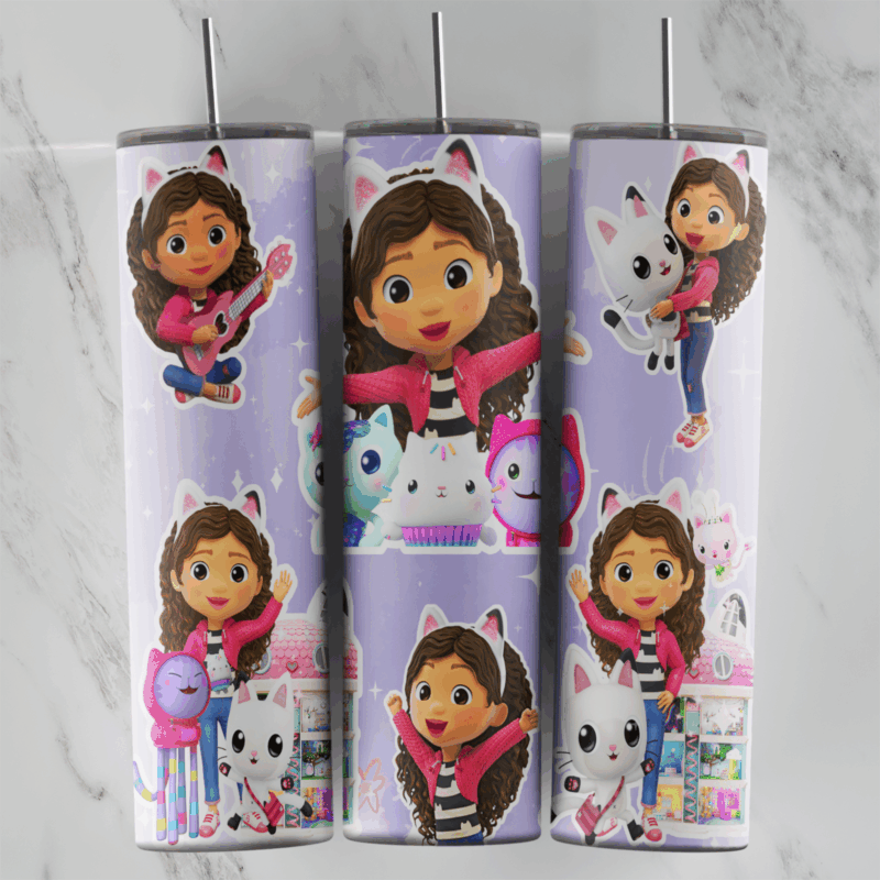 A lavender 20 oz tumbler wrap repeating Gabby from Gabby’s Dollhouse in different poses, one with a guitar, mixed with the panda. Sublimation design