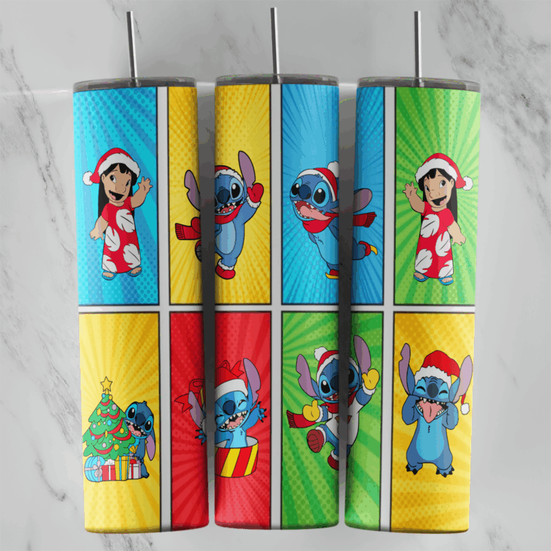 A 20 oz skinny tumbler wrap with a grid of colorful rays panels showing Lilo and Stitch in Santa hats, a Christmas tree. Sublimation design