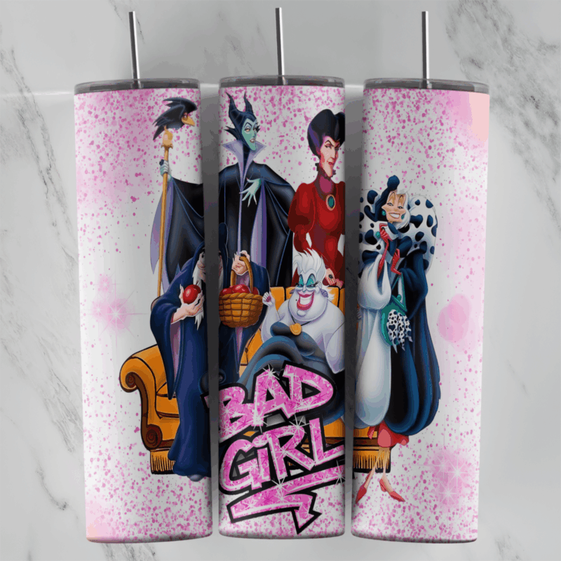 A pink glitter 20 oz tumbler wrap with Disney villains posing together, including Maleficent, the Evil Queen, Ursula, Cruella. Sublimation design
