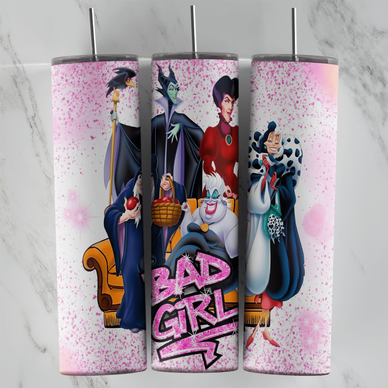 A pink glitter 20 oz tumbler wrap with Disney villains posing together, including Maleficent, the Evil Queen, Ursula, Cruella. Sublimation design
