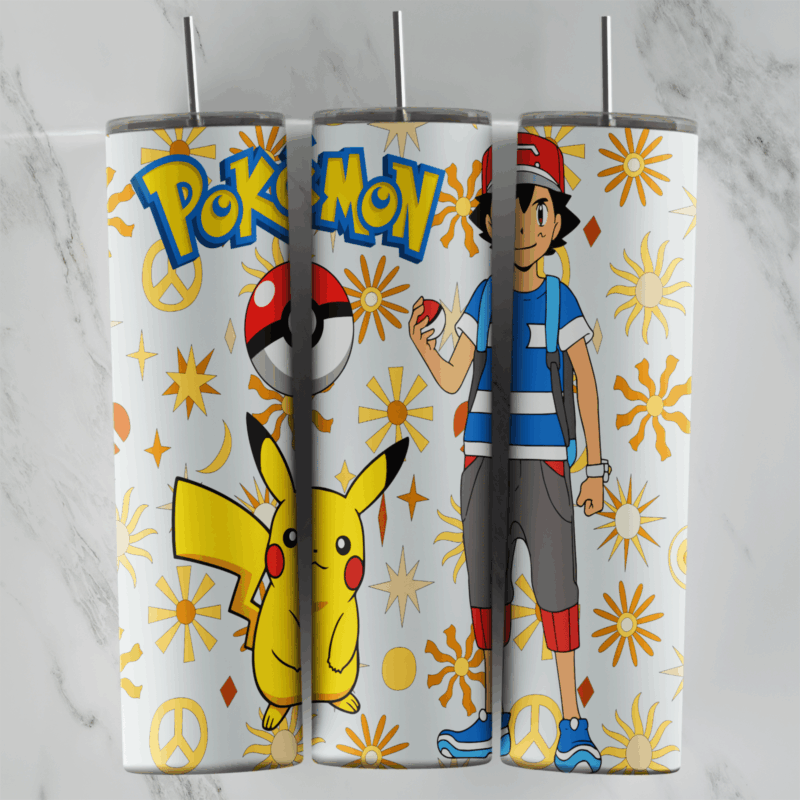 A 20 oz skinny tumbler wrap on white with orange suns and flowers: Ash in a blue striped shirt holding a Poke Ball, Pikachu. Sublimation design