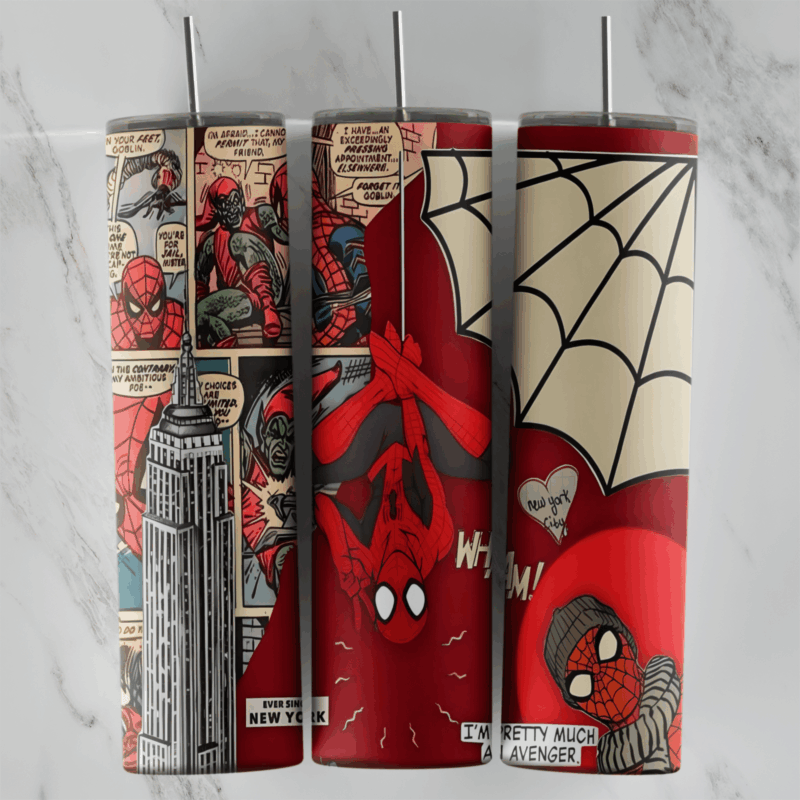 A 20 oz skinny tumbler wrap with vintage comic panels, the Empire State Building, Spider-Man hanging from a web, a big white web. Sublimation design