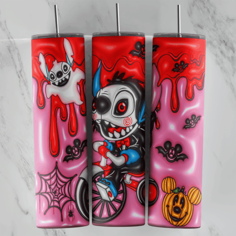 A full 20 oz skinny tumbler wrap in puffy 3D style on pink with a skull faced Stitch riding a tricycle, a ghost Stitch, red. Sublimation design