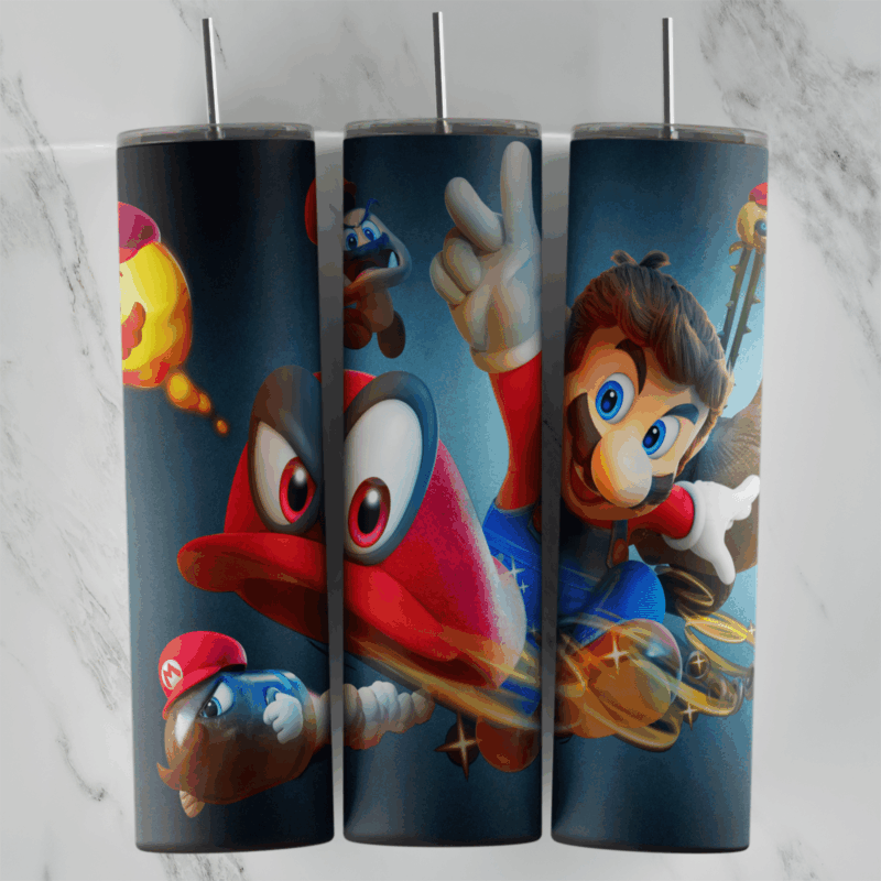 A 20 oz skinny tumbler wrap with Mario from Super Mario Odyssey throwing Cappy, his flying hat with eyes, on a dark blue. Sublimation design
