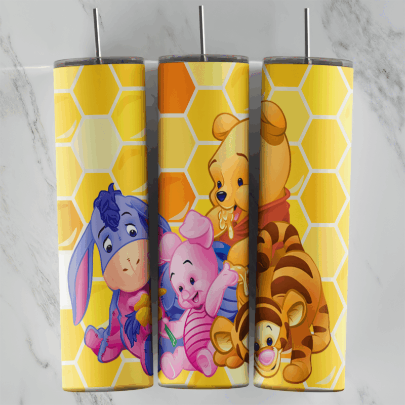 A 20 oz skinny tumbler wrap with baby Pooh, Eeyore, Piglet and Tigger sharing honey on a yellow honeycomb background. Sublimation design