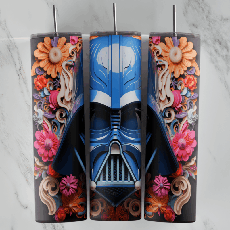 A carved 3D style Star Wars tumbler wrap with a blue Darth Vader helmet framed by sculpted orange, pink and cream flowers. Sublimation design