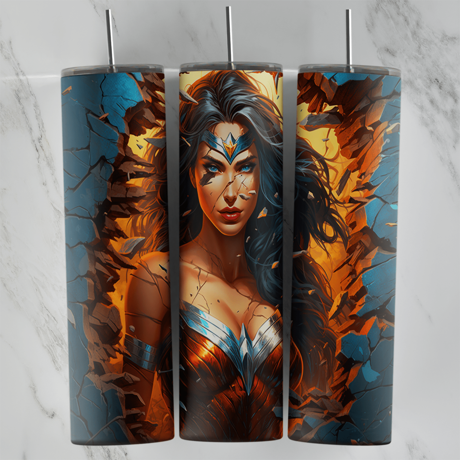A full 20 oz skinny tumbler wrap in 3D style with Wonder Woman in her tiara and armor, emerging from a cracked blue wall. Sublimation design