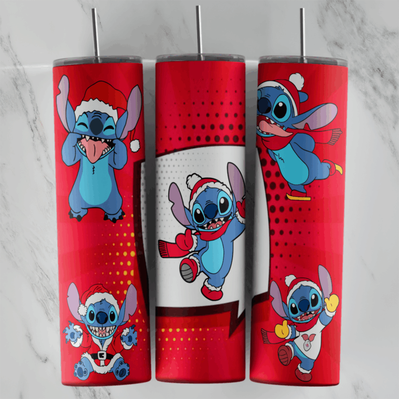A 20 oz skinny tumbler wrap with Christmas Stitch figures in Santa hats and red scarves on a red halftone background with a white. Sublimation design