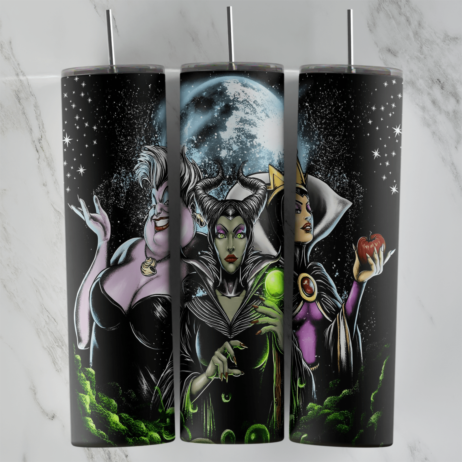 A black starry 20 oz tumbler wrap with Ursula, Maleficent and the Evil Queen holding an apple under a full moon, with green smoke. Sublimation design