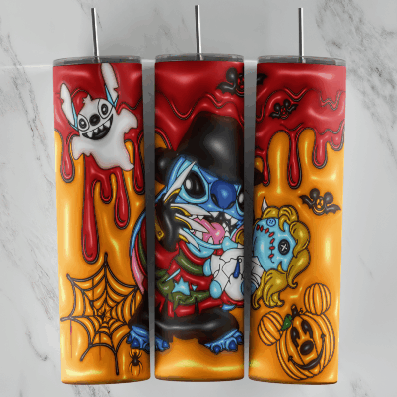 A full 20 oz skinny tumbler wrap in puffy 3D style with Stitch dressed as Freddy Krueger in a hat and striped sweater, a ghost. Sublimation design