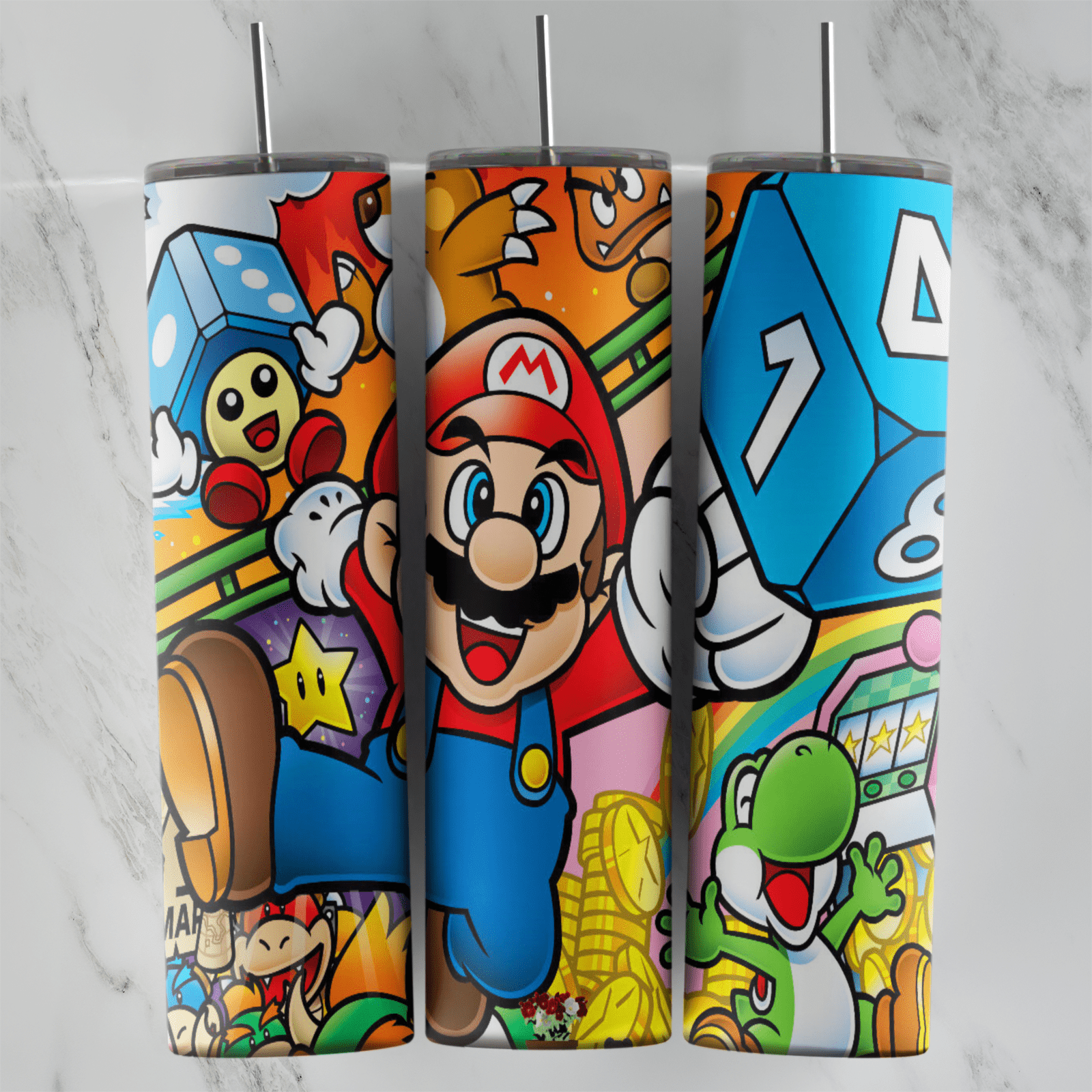 A 20 oz skinny tumbler wrap with a busy cartoon Mario scene: Mario running with a star, giant blue dice, Yoshi, Goombas, gold. Sublimation design