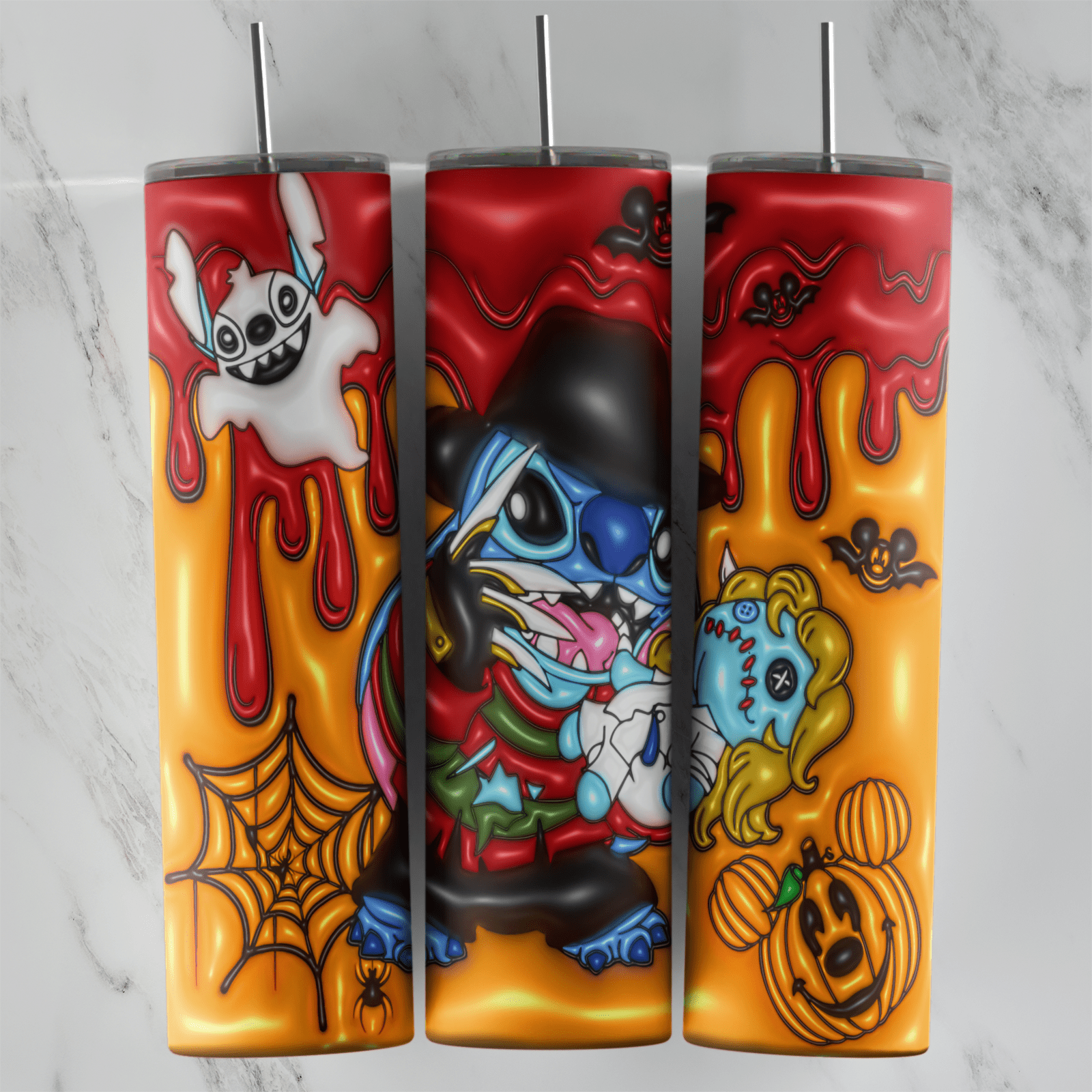 A full 20 oz skinny tumbler wrap in puffy 3D style with Stitch dressed as Freddy Krueger in a hat and striped sweater, a ghost. Sublimation design
