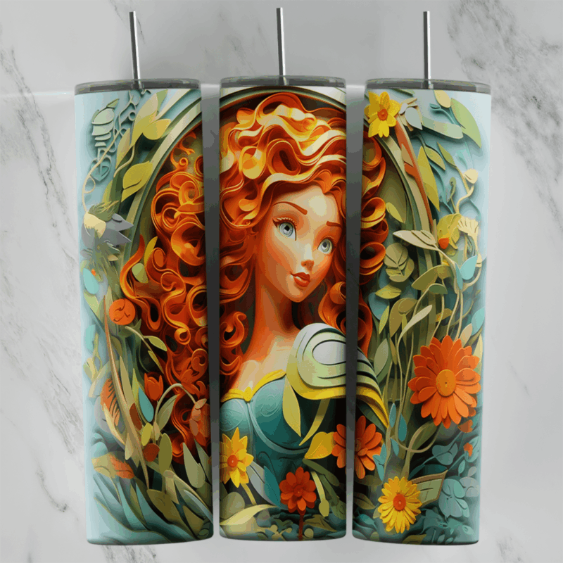 A full 20 oz skinny tumbler wrap in puffy 3D style with a curly red haired princess inside an oval frame of green leaves. Sublimation design