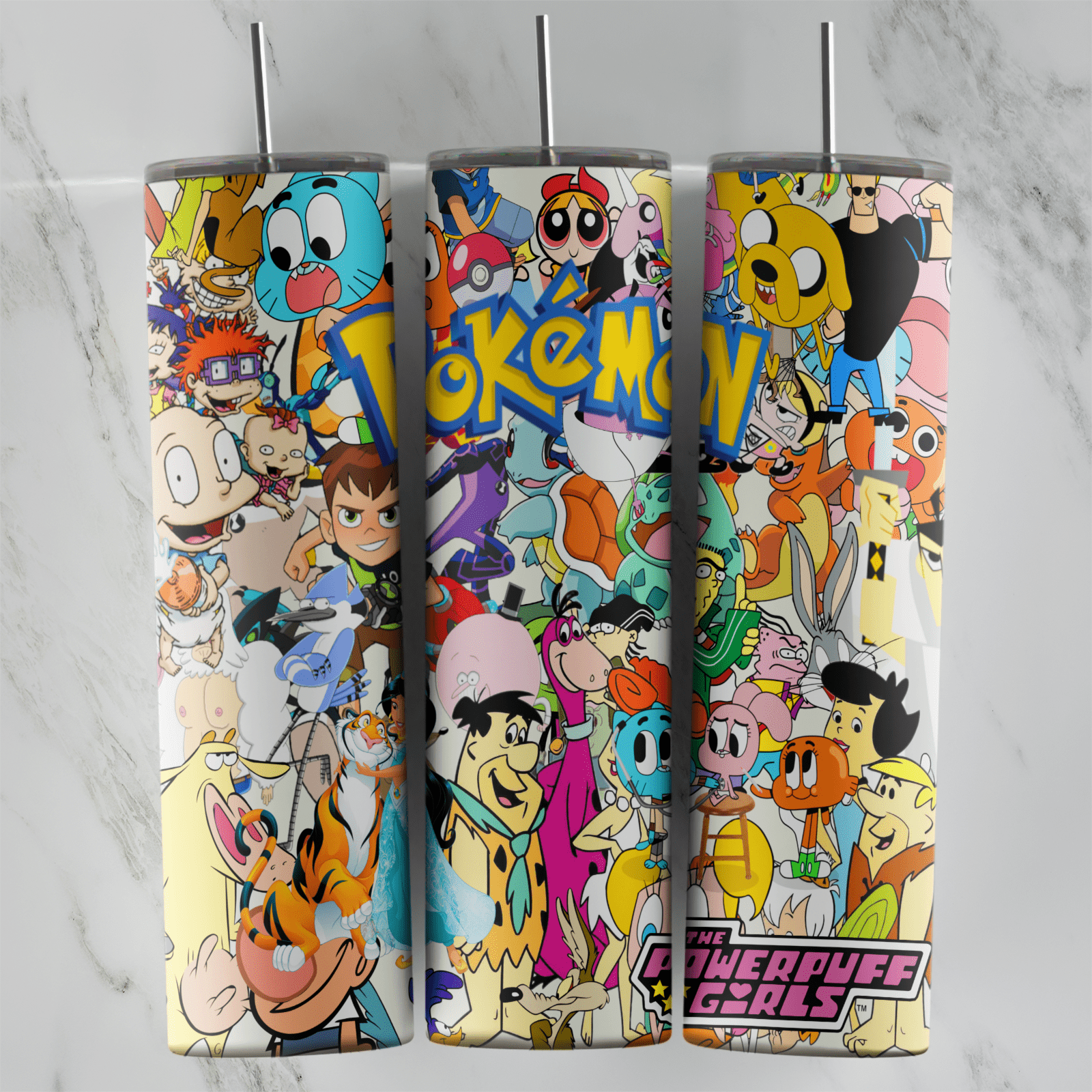 A 20 oz tumbler wrap collage with the Pokemon logo, Rugrats babies, the Flintstones, Powerpuff Girls lettering, Gumball, Jake. Sublimation design