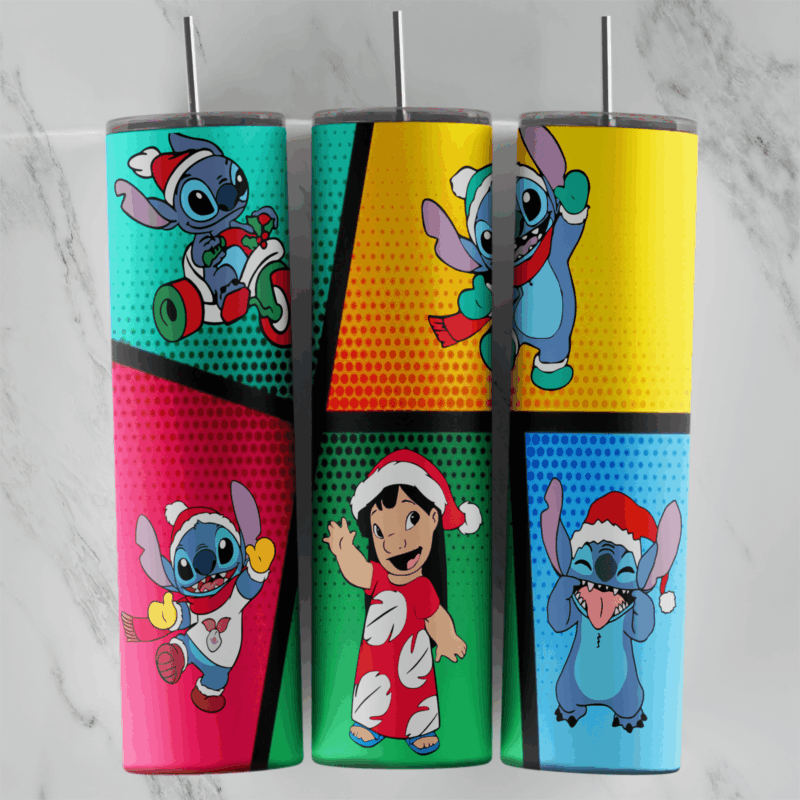 A 20 oz skinny tumbler wrap split into bright comic book panels, each with Stitch or Lilo in a Santa hat, in pink, teal, yellow. Sublimation design