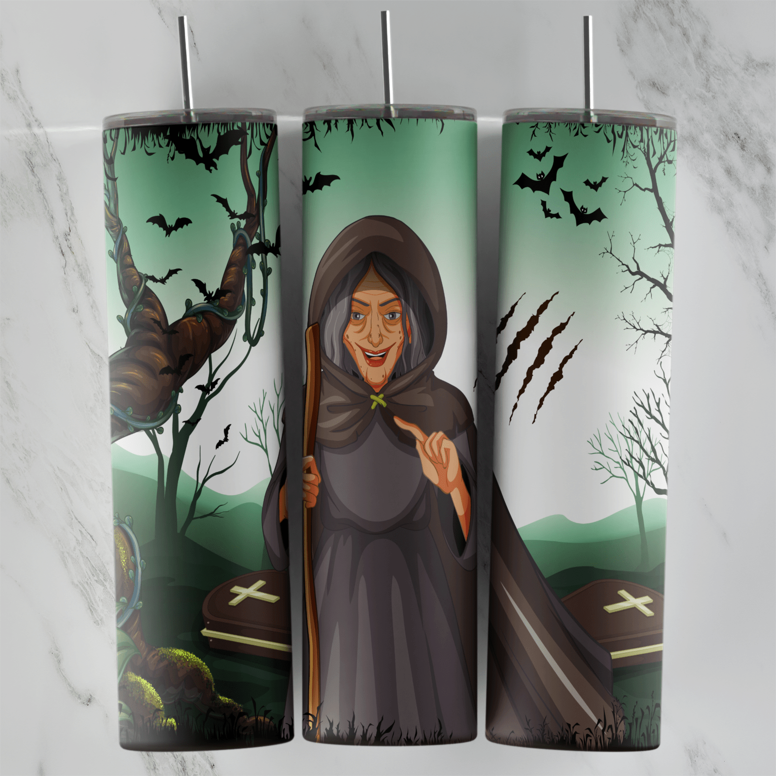 A green 20 oz tumbler wrap with the hooded old hag witch from Snow White holding a staff, a spooky graveyard, bare trees, bats. Sublimation design
