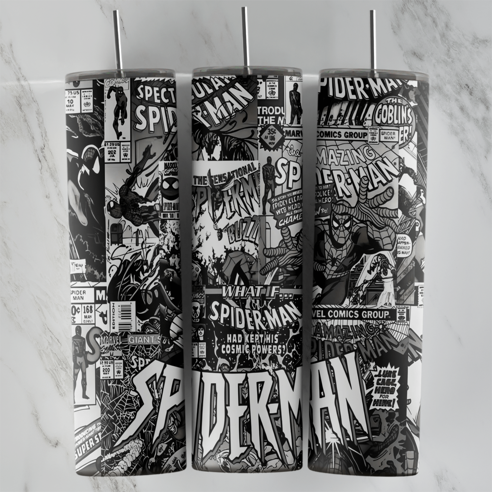 20 Oz Spiderman Black and White Comic Covers Tumbler Cup Design