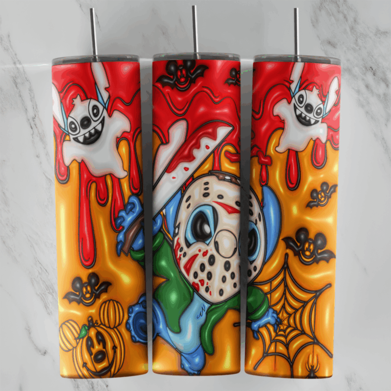 A full 20 oz skinny tumbler wrap in puffy 3D style with Stitch in a hockey mask holding a knife, a ghost Stitch, red and orange. Sublimation design