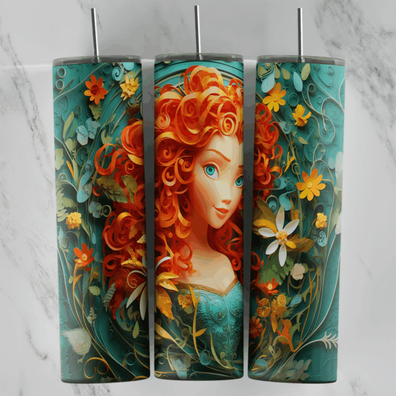 A full 20 oz skinny tumbler wrap in puffy 3D style on dark teal with a curly red haired princess surrounded by leaves and small. Sublimation design