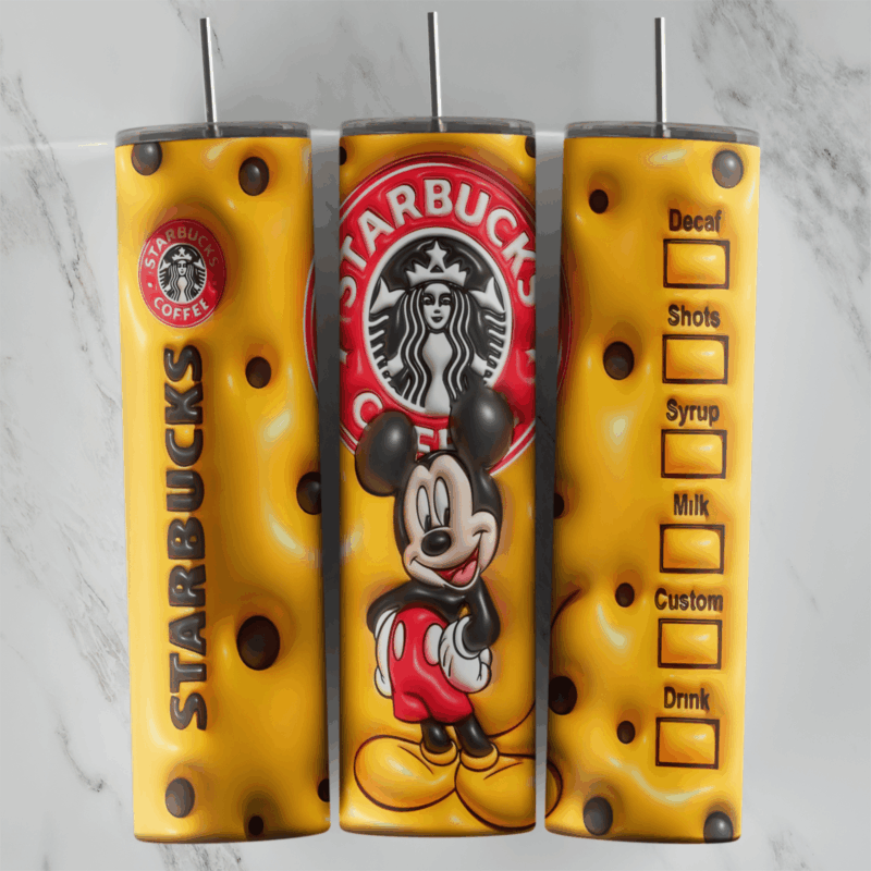 A yellow cheese textured 3D inflated 20 oz tumbler wrap with the Starbucks logo, Mickey Mouse standing below it and an order. Sublimation design