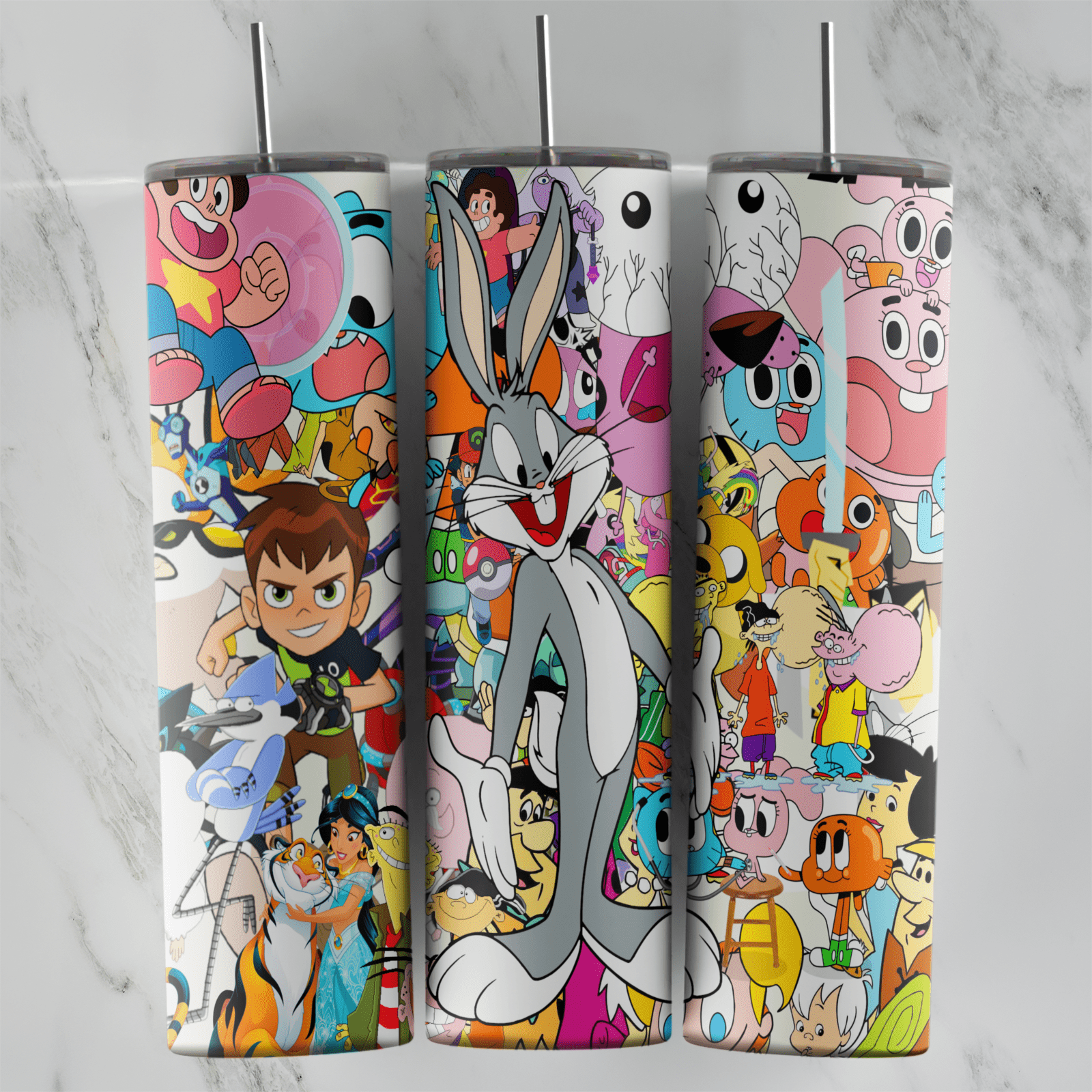 A 20 oz tumbler wrap collage of cartoon characters with Bugs Bunny in the center, Ben 10, Gumball and many other classic cartoon. Sublimation design