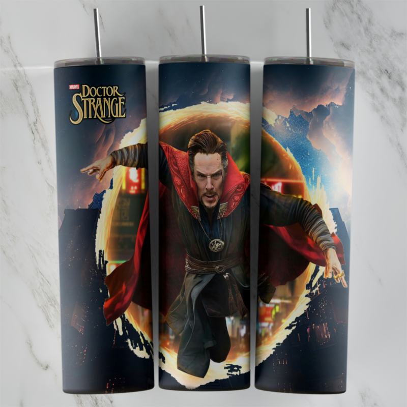 A full 20 oz skinny tumbler wrap with the Doctor Strange logo and the hero flying in his red cloak in front of a glowing portal. Sublimation design