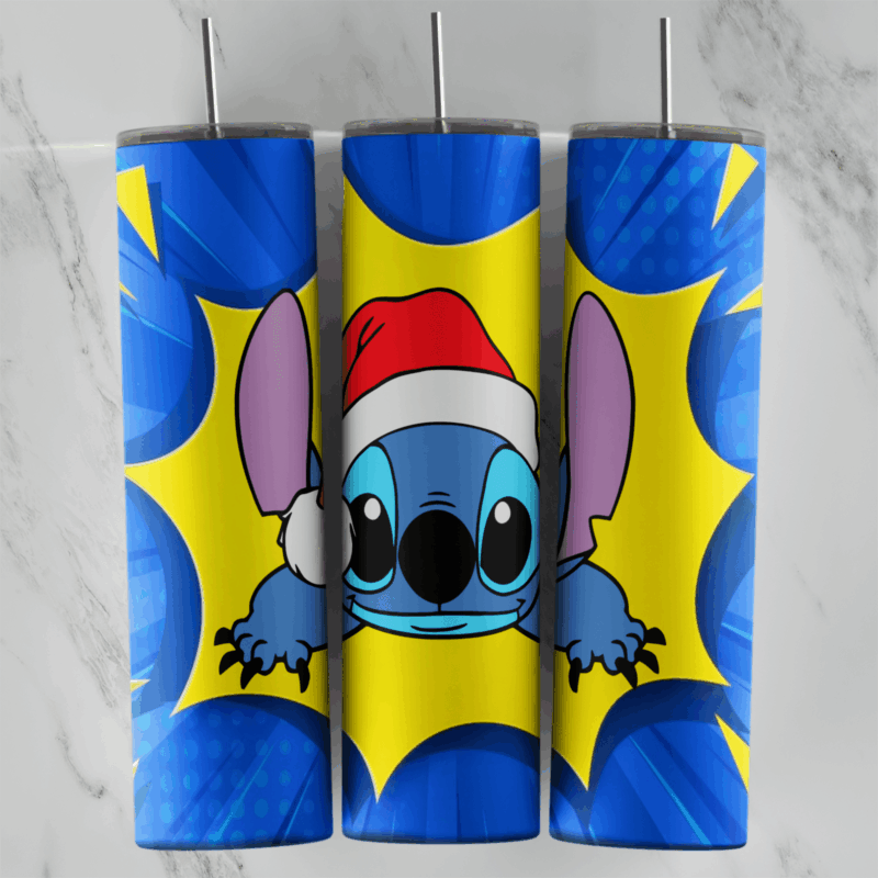 A 20 oz skinny tumbler wrap with Stitch in a Santa hat peeking over the edge of a yellow comic burst on a blue halftone background. Sublimation design