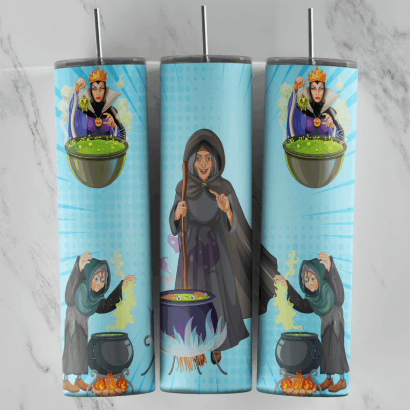 A light blue 20 oz tumbler wrap with the Evil Queen over a green bubbling cauldron and the hooded old witch stirring cauldrons. Sublimation design