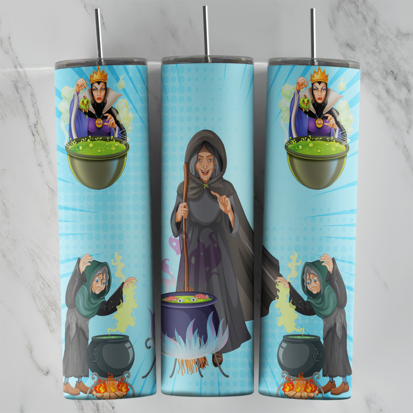 A light blue 20 oz tumbler wrap with the Evil Queen over a green bubbling cauldron and the hooded old witch stirring cauldrons. Sublimation design