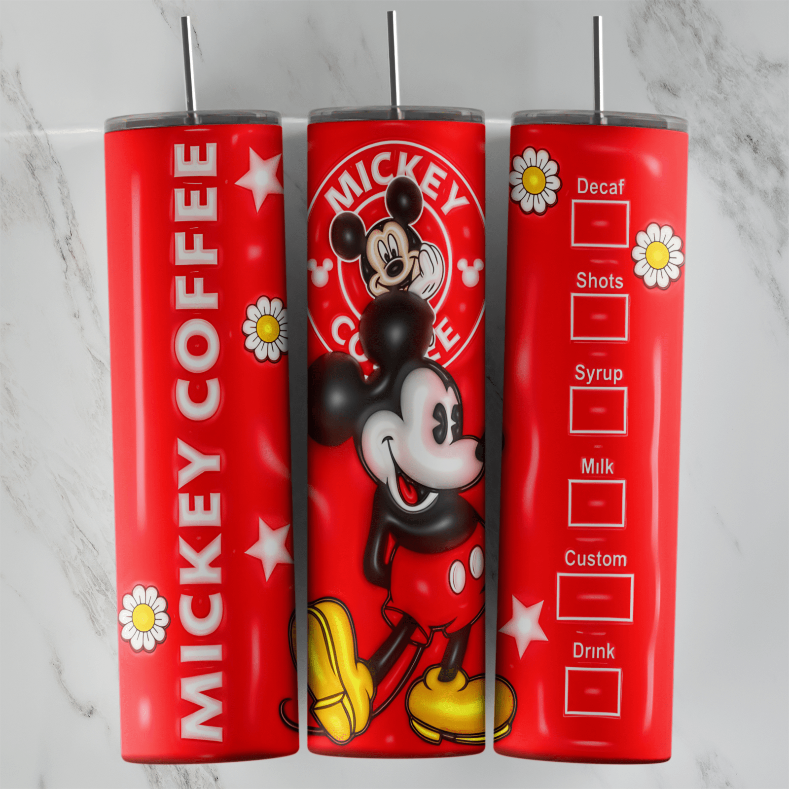 A red 3D inflated 20 oz tumbler wrap with Mickey Coffee lettering, a Mickey coffee logo, Mickey Mouse, white daisies and an order. Sublimation design